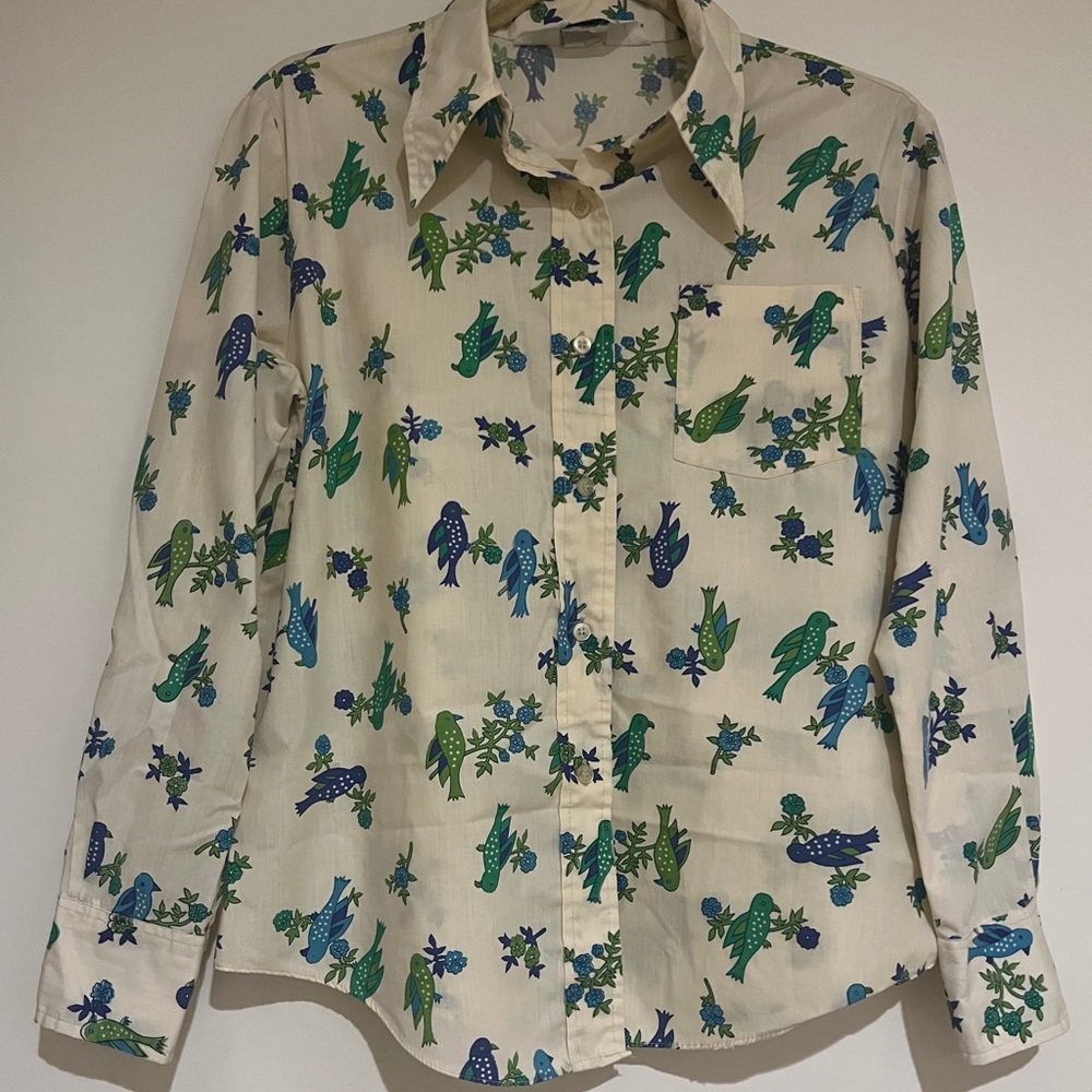 Women’s Cream Shirt with Green and Blue Bird Print